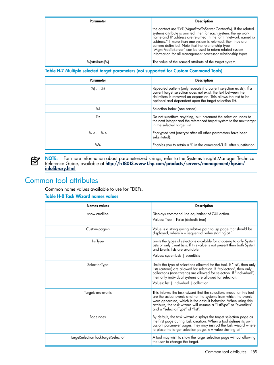 Common tool attributes, Task wizard names values | HP Systems Insight Manager User Manual | Page 159 / 187