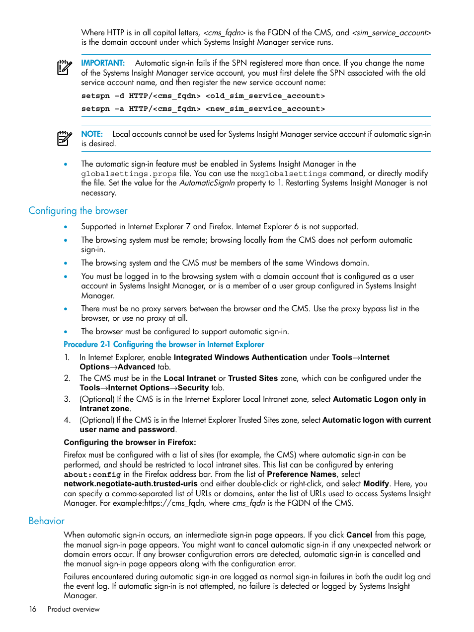 Configuring the browser, Behavior, Configuring the browser behavior | HP Systems Insight Manager User Manual | Page 16 / 187