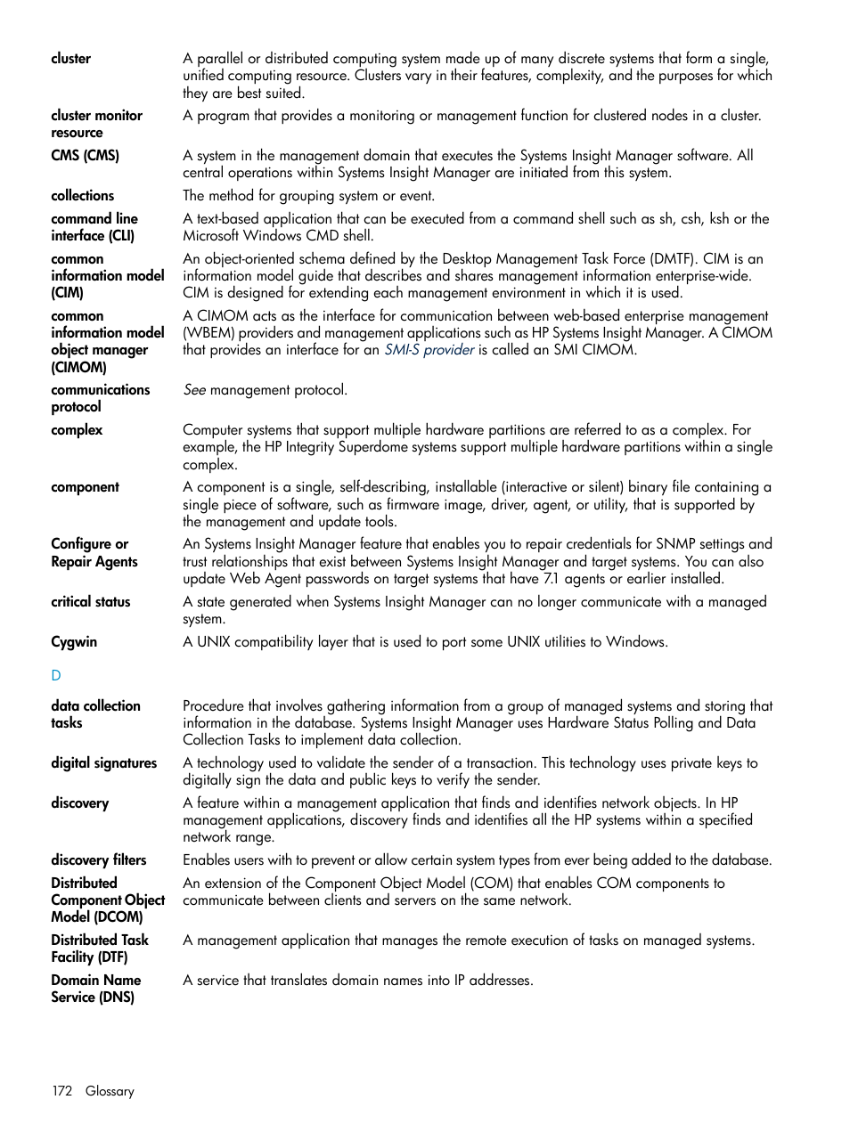 Collections, Discovery filters, Central management server (cms) | Command line interface, Data collection, Cluster, Collection, Cimom, Cluster resources, Component | HP Systems Insight Manager User Manual | Page 172 / 187