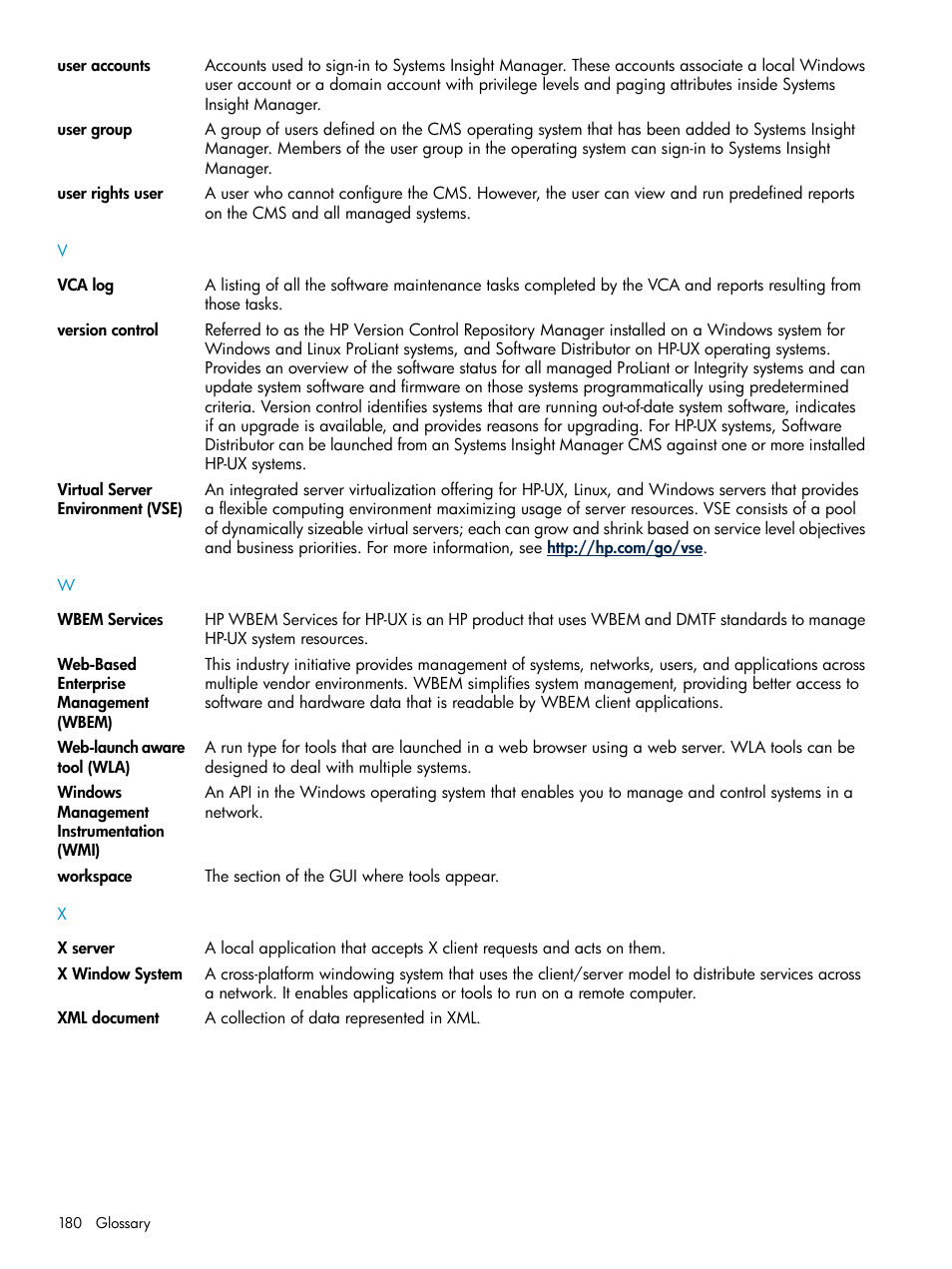 Wbem services, User groups, User account | User rights, Version control, Vca logs | HP Systems Insight Manager User Manual | Page 180 / 187