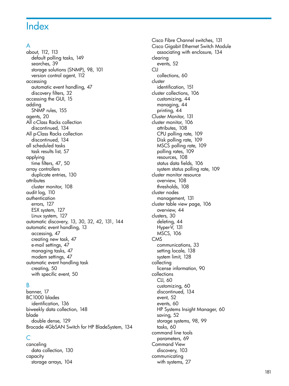 Index | HP Systems Insight Manager User Manual | Page 181 / 187