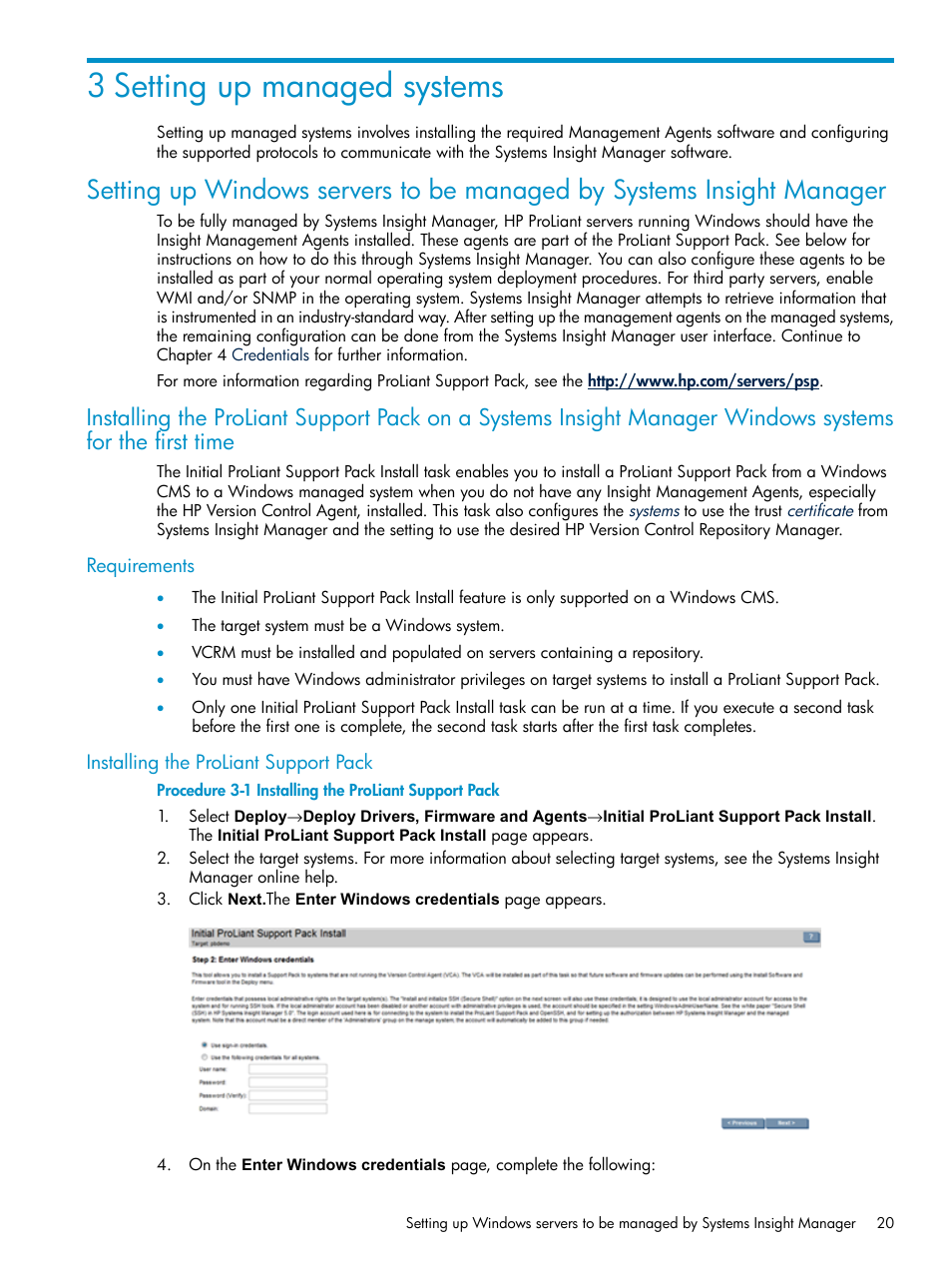 3 setting up managed systems, Requirements, Installing the proliant support pack | Requirements installing the proliant support pack | HP Systems Insight Manager User Manual | Page 20 / 187