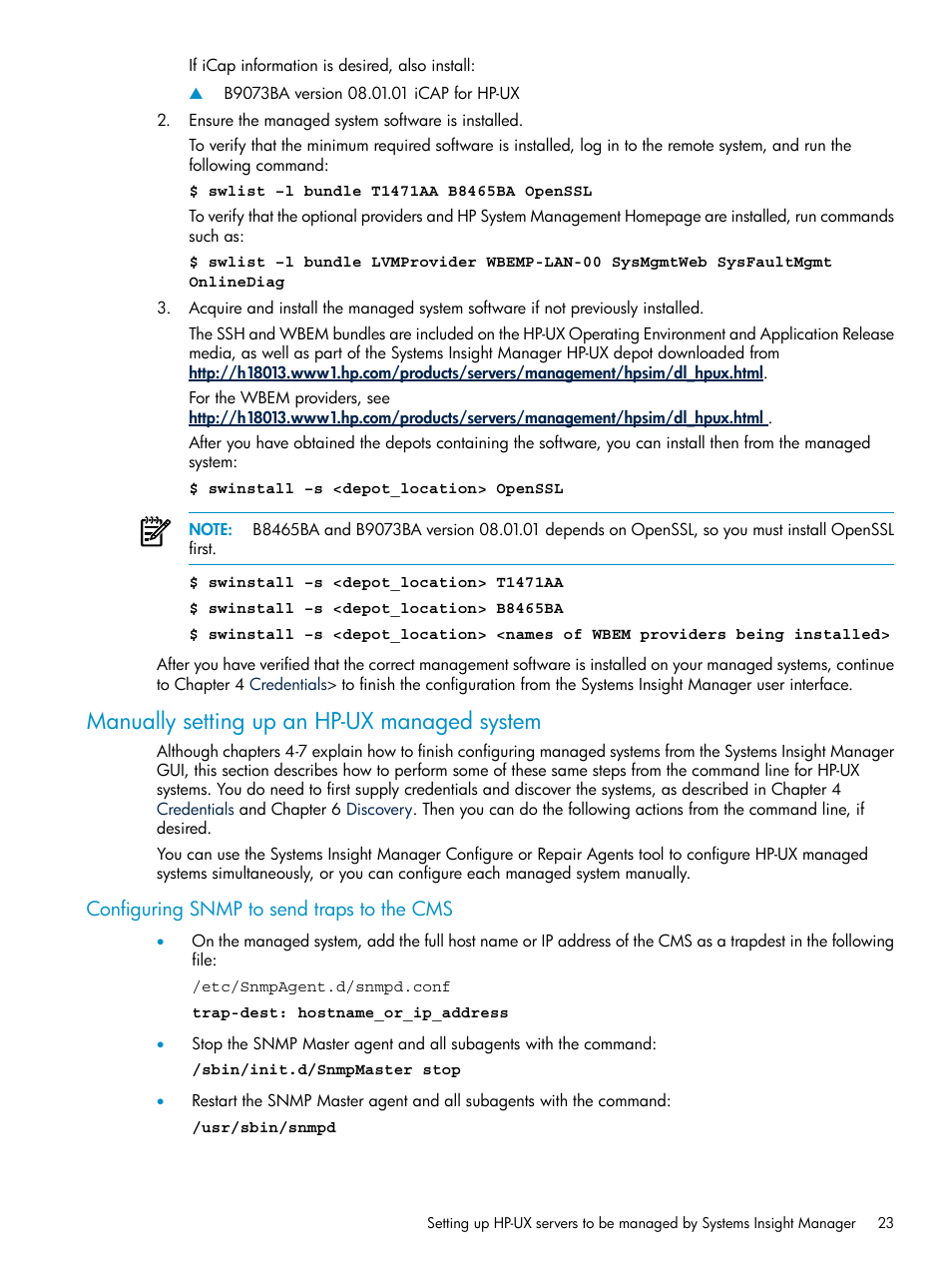 Manually setting up an hp-ux managed system, Configuring snmp to send traps to the cms | HP Systems Insight Manager User Manual | Page 23 / 187