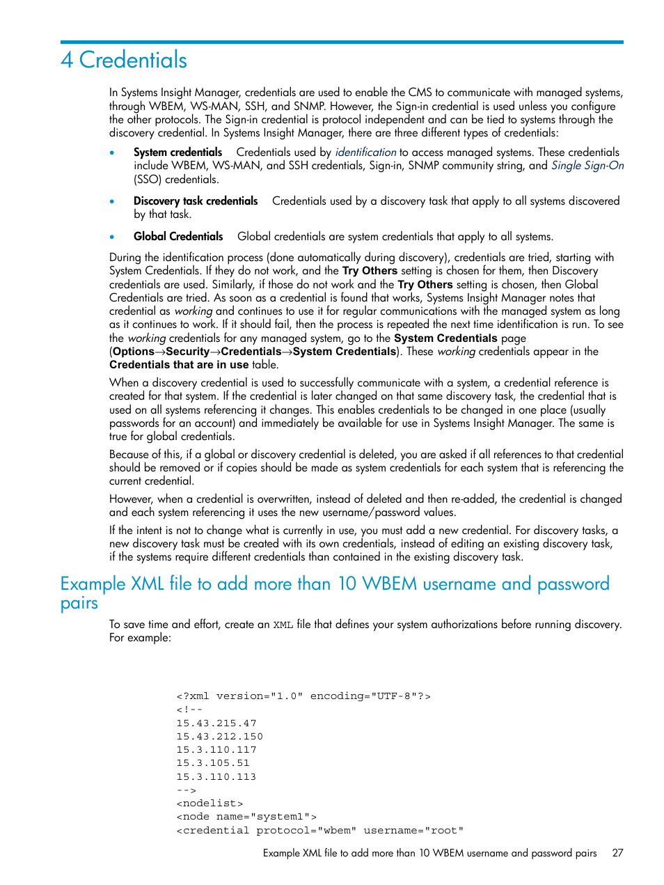 4 credentials, Credentials | HP Systems Insight Manager User Manual | Page 27 / 187