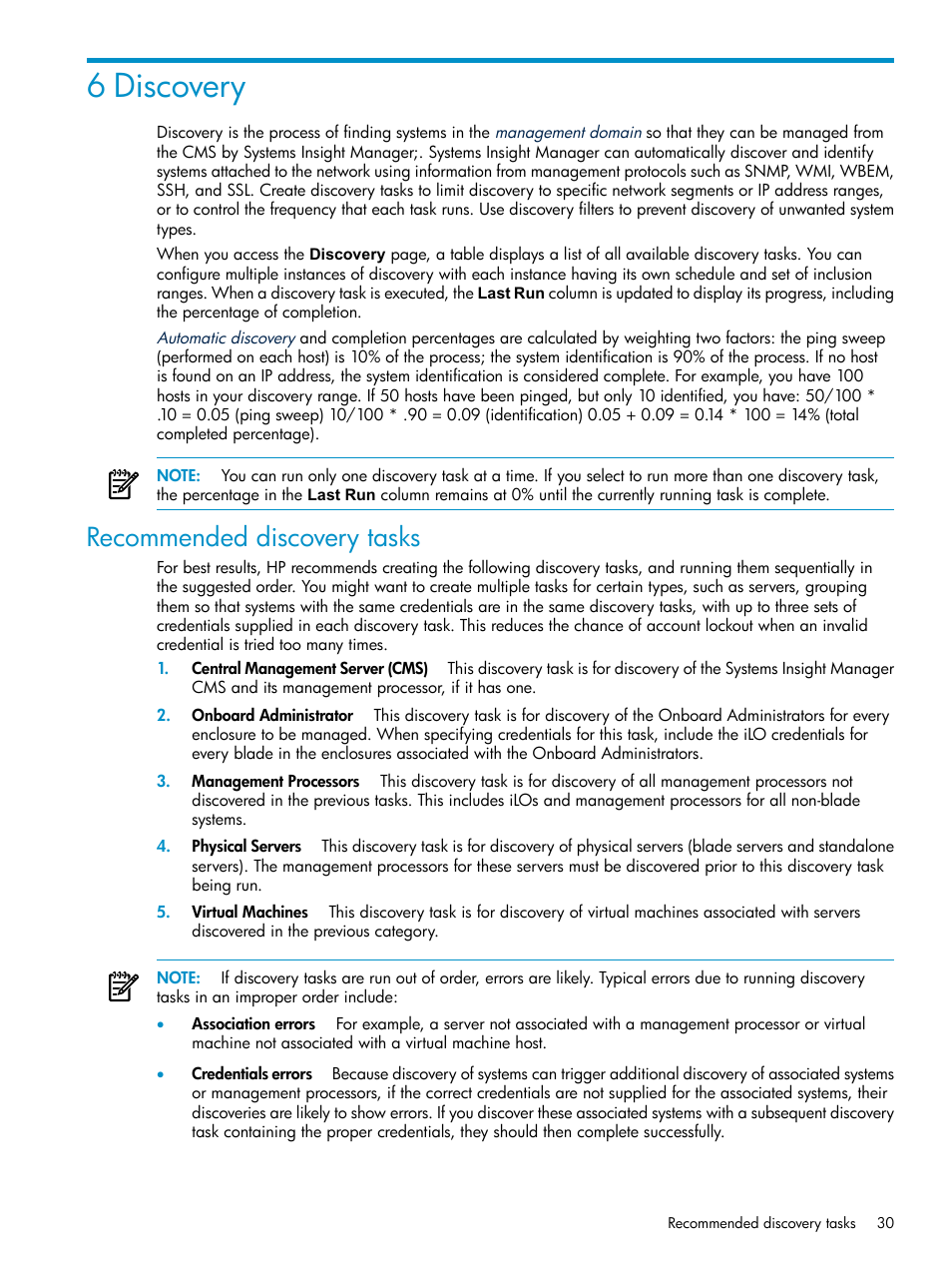 6 discovery, Recommended discovery tasks, Discovery | HP Systems Insight Manager User Manual | Page 30 / 187