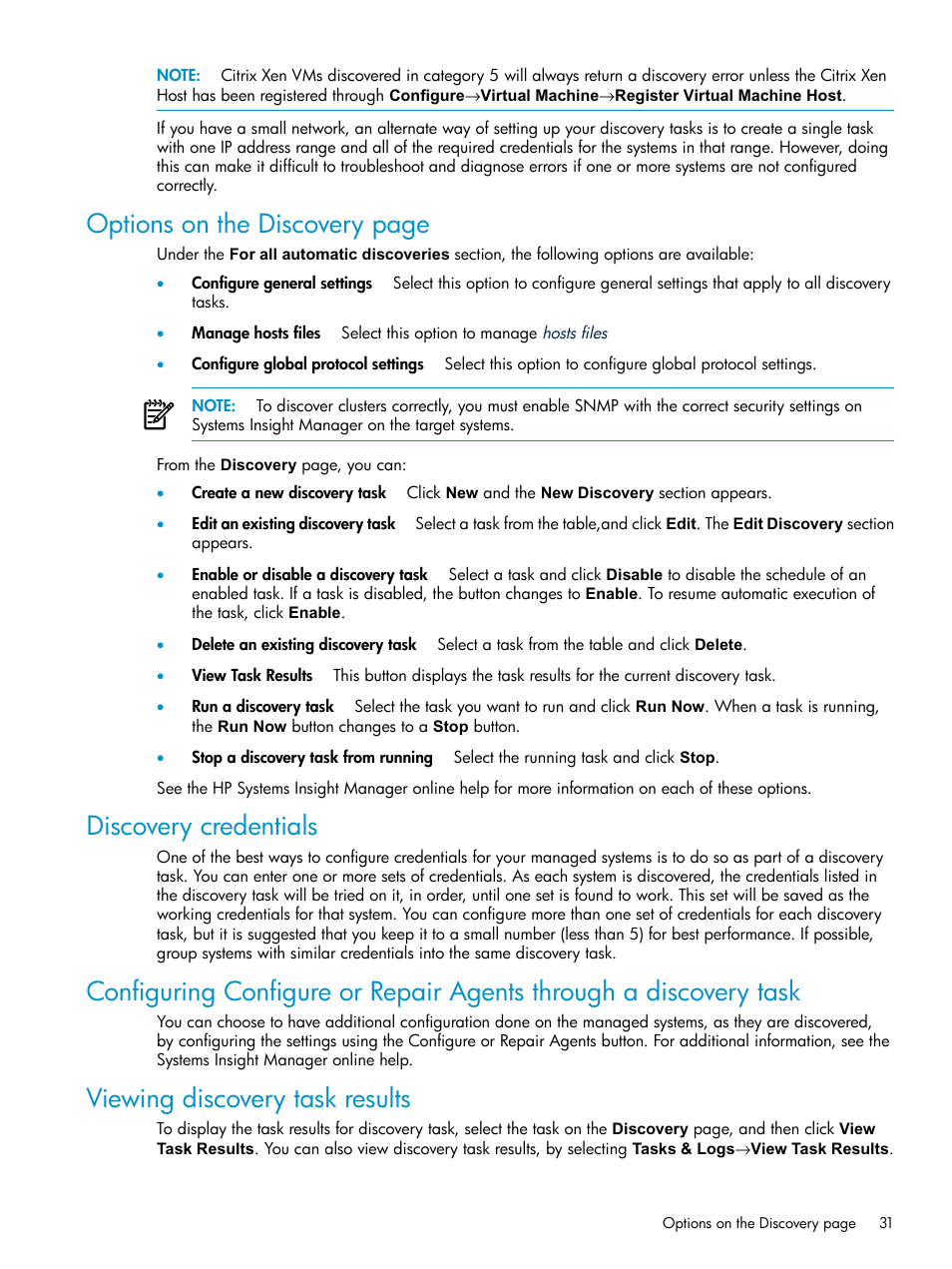 Discovery credentials, Viewing discovery task results, Options on the discovery page | HP Systems Insight Manager User Manual | Page 31 / 187