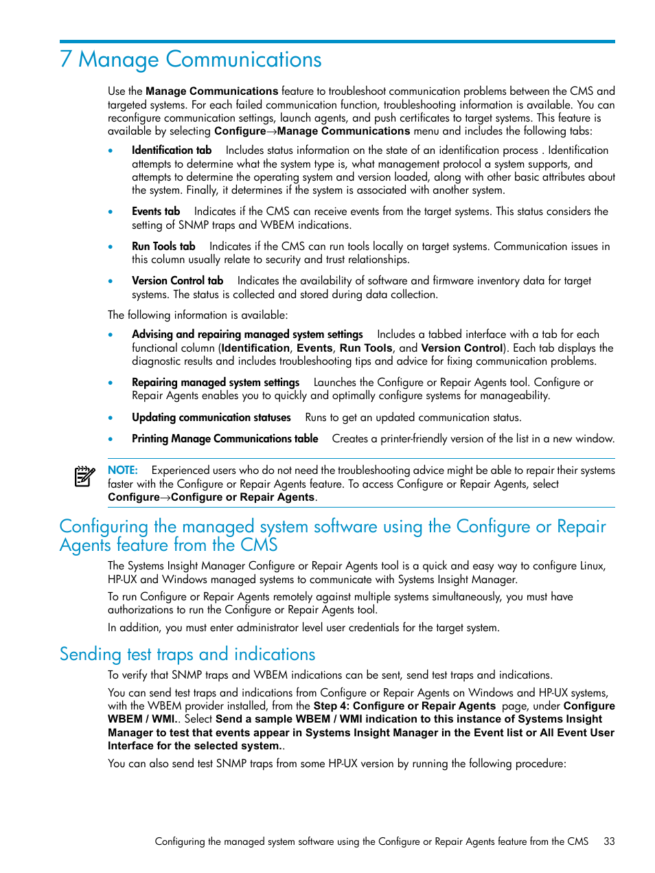 7 manage communications, Sending test traps and indications | HP Systems Insight Manager User Manual | Page 33 / 187