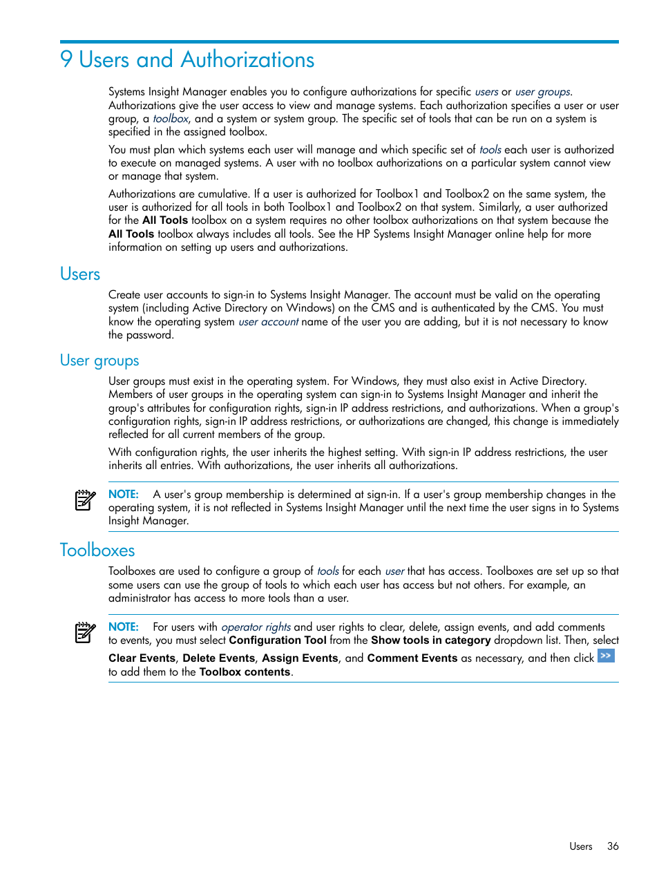 9 users and authorizations, Users, User groups | Toolboxes | HP Systems Insight Manager User Manual | Page 36 / 187