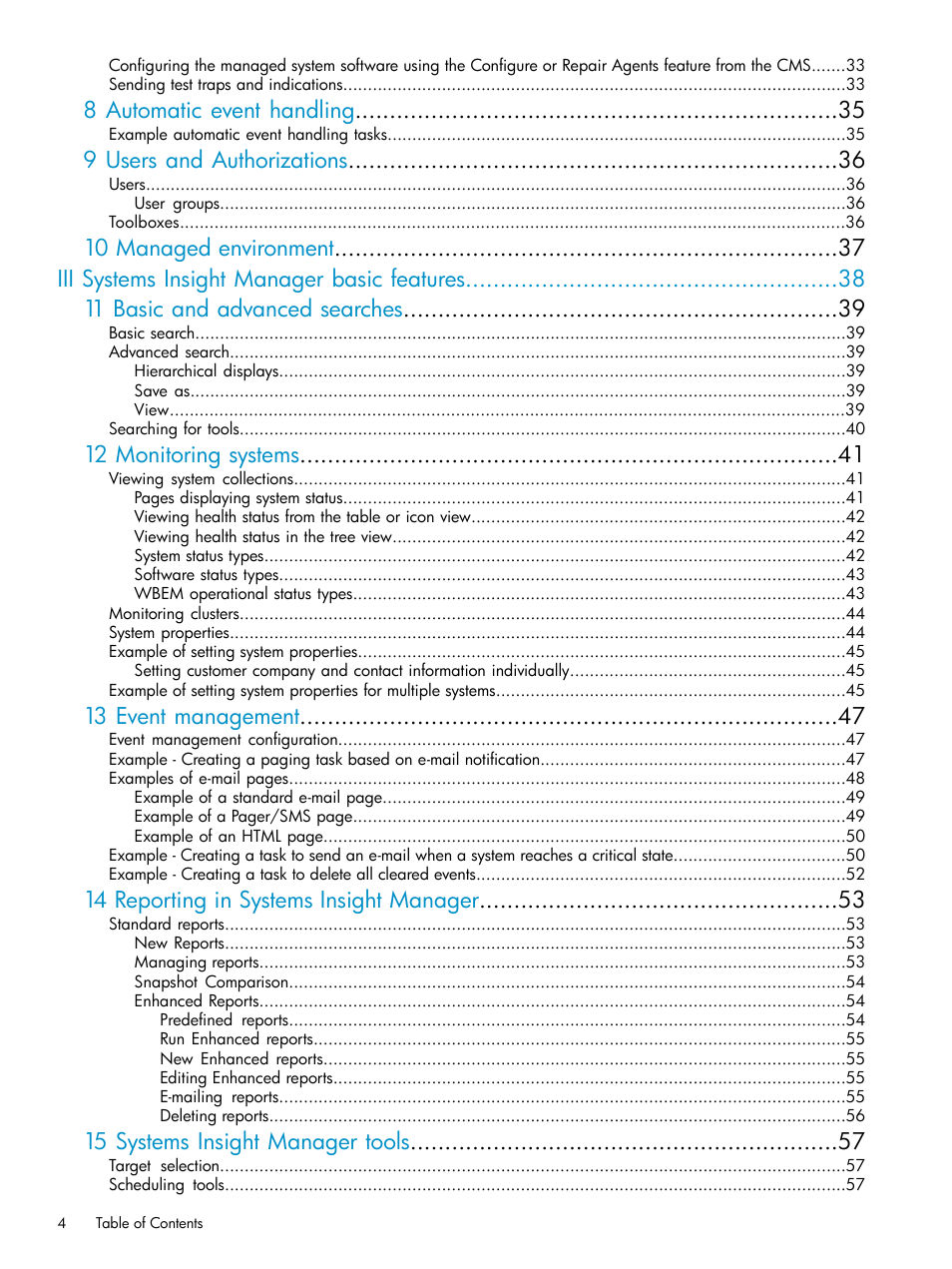 8 automatic event handling, 9 users and authorizations, 12 monitoring systems | 13 event management, 14 reporting in systems insight manager, 15 systems insight manager tools | HP Systems Insight Manager User Manual | Page 4 / 187