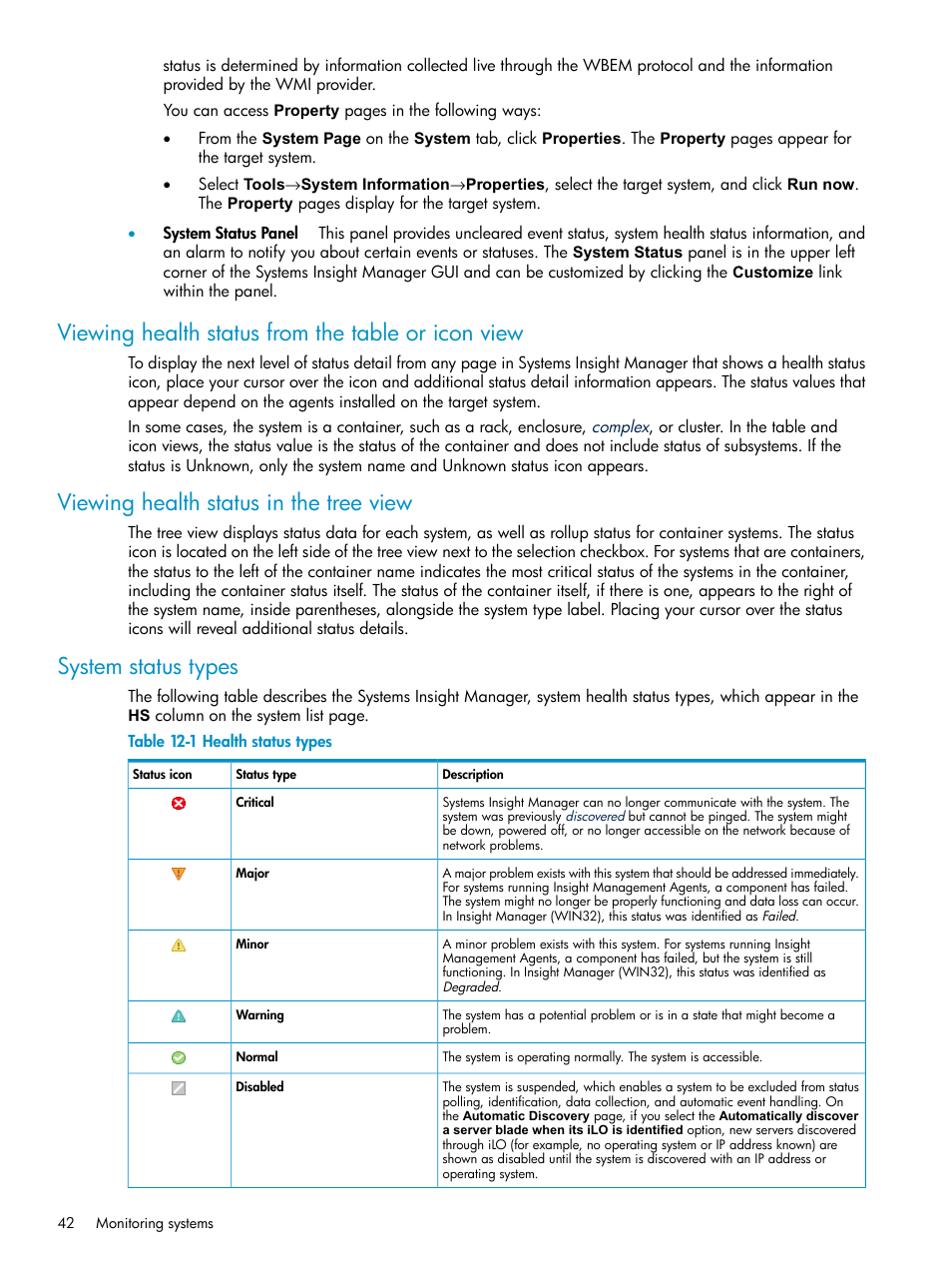 Viewing health status from the table or icon view, Viewing health status in the tree view, System status types | Health status types | HP Systems Insight Manager User Manual | Page 42 / 187