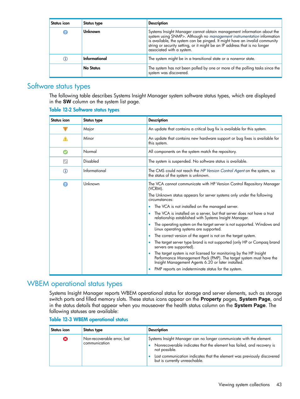 Software status types, Wbem operational status types, Wbem operational status | HP Systems Insight Manager User Manual | Page 43 / 187