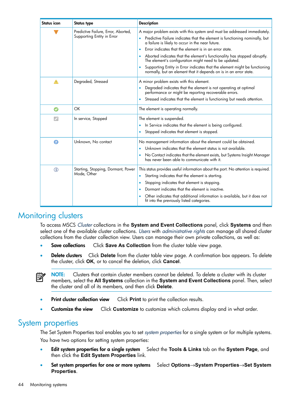 Monitoring clusters, System properties, Monitoring clusters system properties | HP Systems Insight Manager User Manual | Page 44 / 187