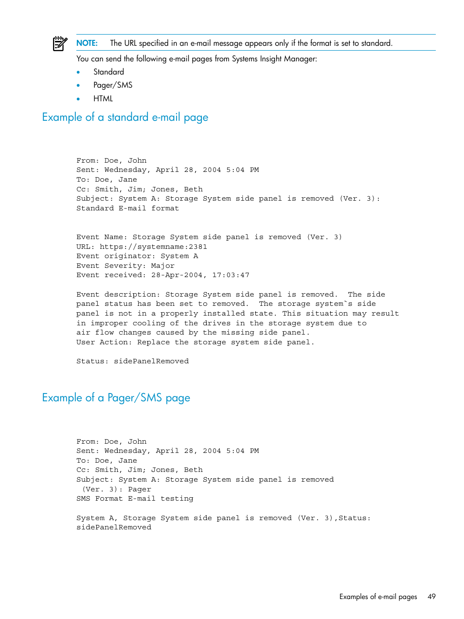 Example of a standard e-mail page, Example of a pager/sms page | HP Systems Insight Manager User Manual | Page 49 / 187