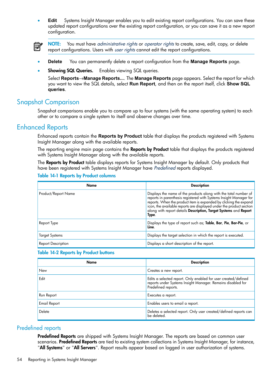 Snapshot comparison, Enhanced reports, Predefined reports | Snapshot comparison enhanced reports, Reports by product columns, Reports by product buttons | HP Systems Insight Manager User Manual | Page 54 / 187