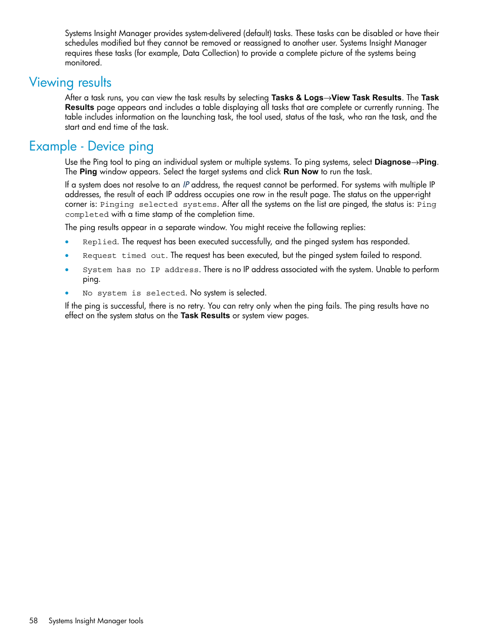 Viewing results, Example - device ping, Viewing results example - device ping | HP Systems Insight Manager User Manual | Page 58 / 187