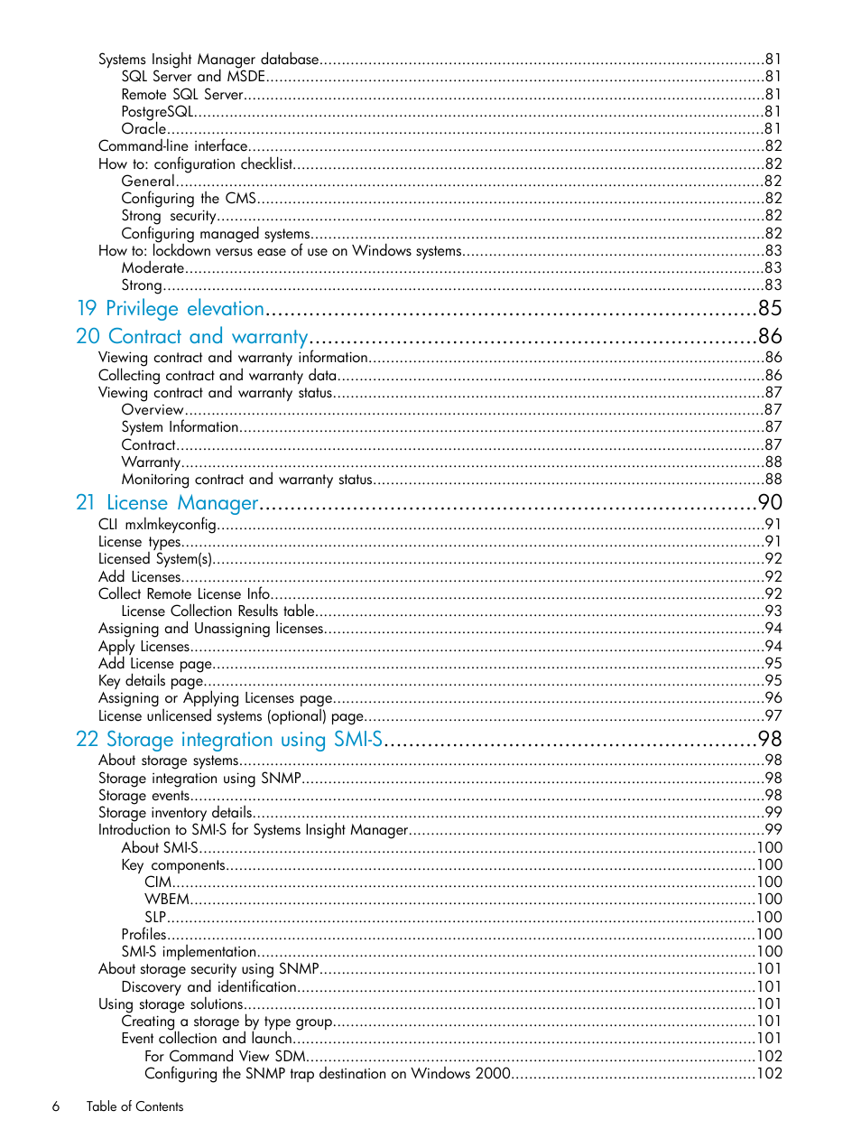 19 privilege elevation 20 contract and warranty, 21 license manager, 22 storage integration using smi-s | HP Systems Insight Manager User Manual | Page 6 / 187