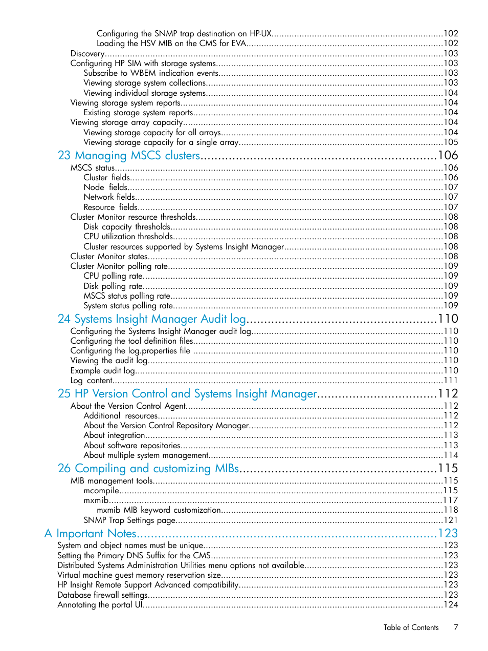 23 managing mscs clusters, 24 systems insight manager audit log, 25 hp version control and systems insight manager | 26 compiling and customizing mibs | HP Systems Insight Manager User Manual | Page 7 / 187