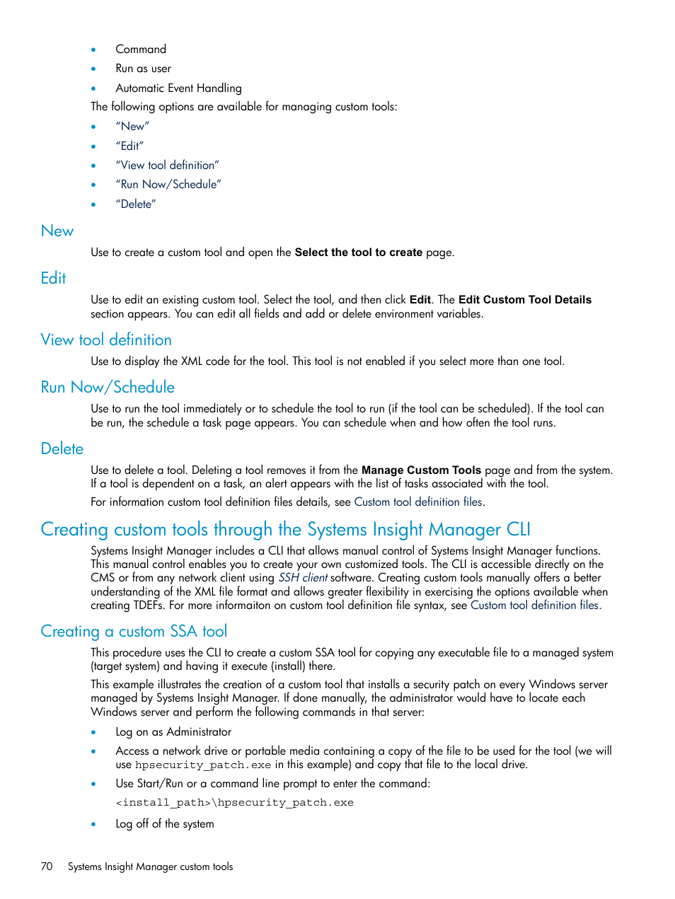 Edit, View tool definition, Run now/schedule | Delete, Creating a custom ssa tool | HP Systems Insight Manager User Manual | Page 70 / 187