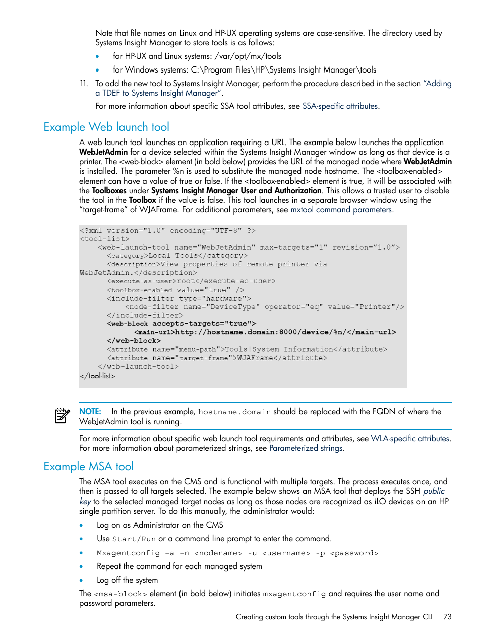 Example web launch tool, Example msa tool, Example web launch tool example msa tool | HP Systems Insight Manager User Manual | Page 73 / 187