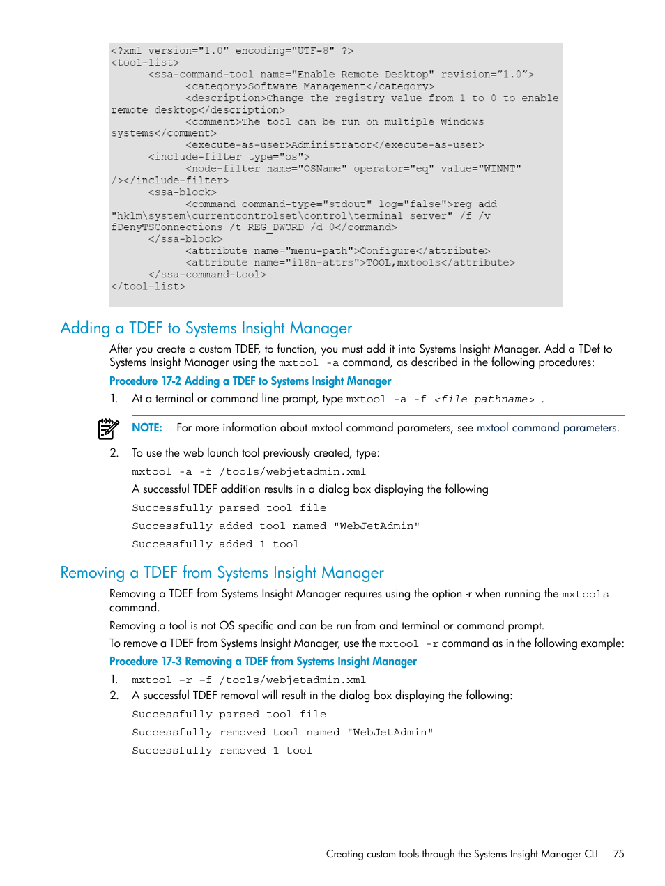 Adding a tdef to systems insight manager, Removing a tdef from systems insight manager, Adding | A tdef to systems insight manager | HP Systems Insight Manager User Manual | Page 75 / 187