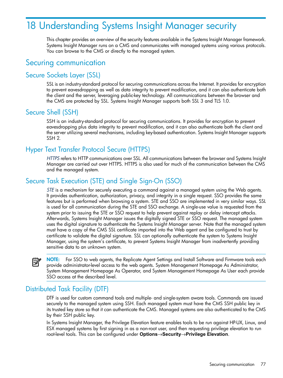 18 understanding systems insight manager security, Securing communication, Secure sockets layer (ssl) | Secure shell (ssh), Hyper text transfer protocol secure (https), Distributed task facility (dtf) | HP Systems Insight Manager User Manual | Page 77 / 187