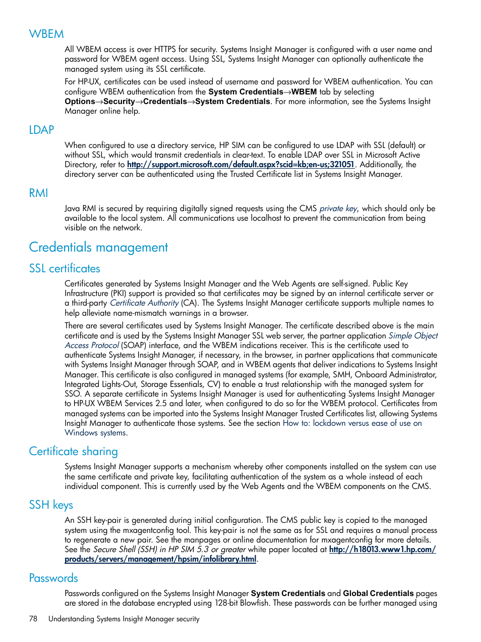 Wbem, Ldap, Credentials management | Ssl certificates, Certificate sharing, Ssh keys, Passwords, Wbem ldap rmi | HP Systems Insight Manager User Manual | Page 78 / 187