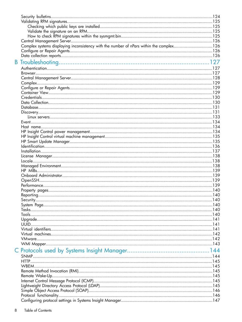 B troubleshooting, C protocols used by systems insight manager | HP Systems Insight Manager User Manual | Page 8 / 187