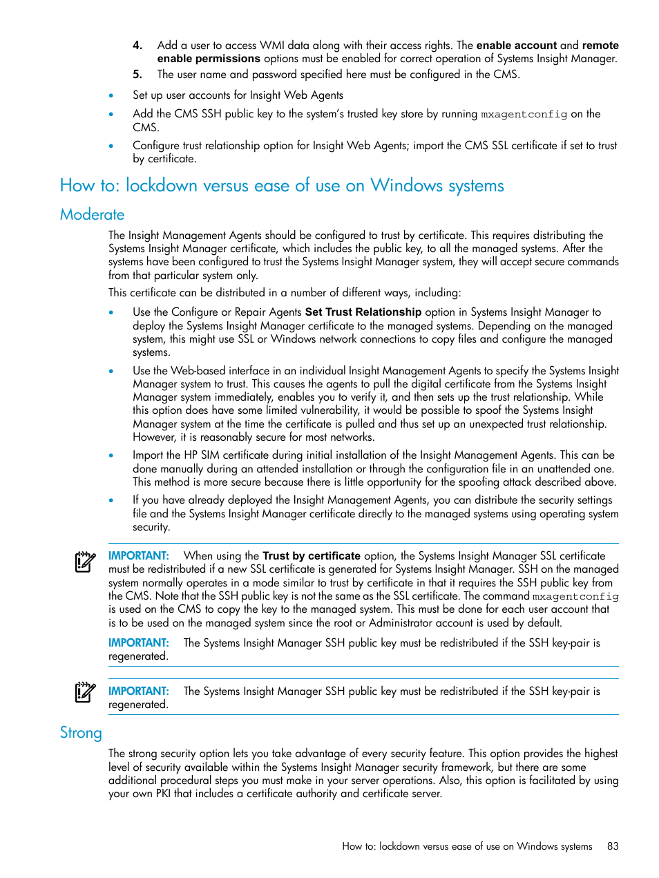 Moderate, Strong, Moderate strong | How to: lockdown versus ease of use on, Windows systems | HP Systems Insight Manager User Manual | Page 83 / 187