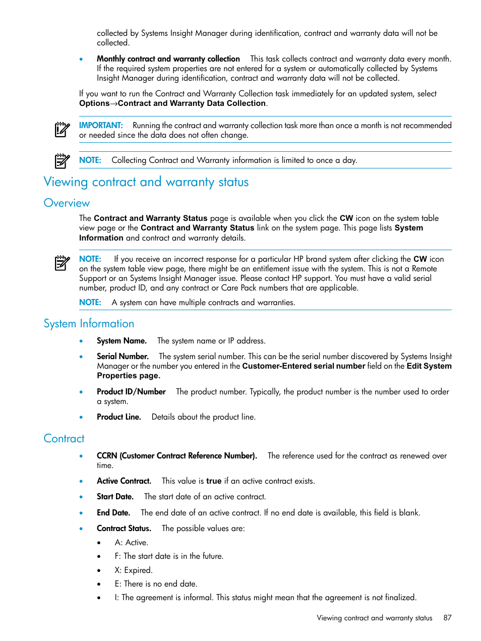 Viewing contract and warranty status, Overview, System information | Contract, Overview system information contract | HP Systems Insight Manager User Manual | Page 87 / 187