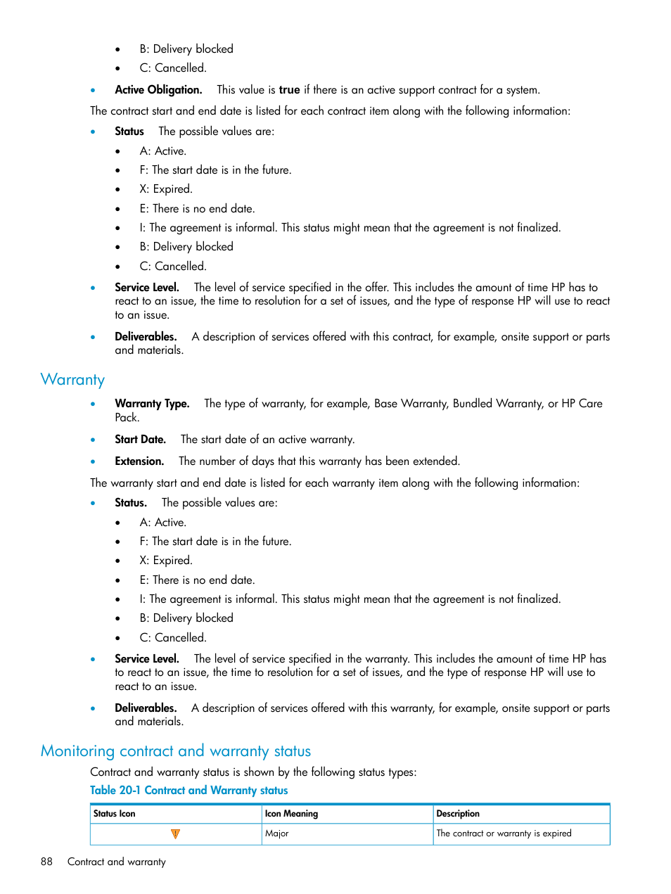 Warranty, Monitoring contract and warranty status, Warranty monitoring contract and warranty status | Contract and warranty status | HP Systems Insight Manager User Manual | Page 88 / 187