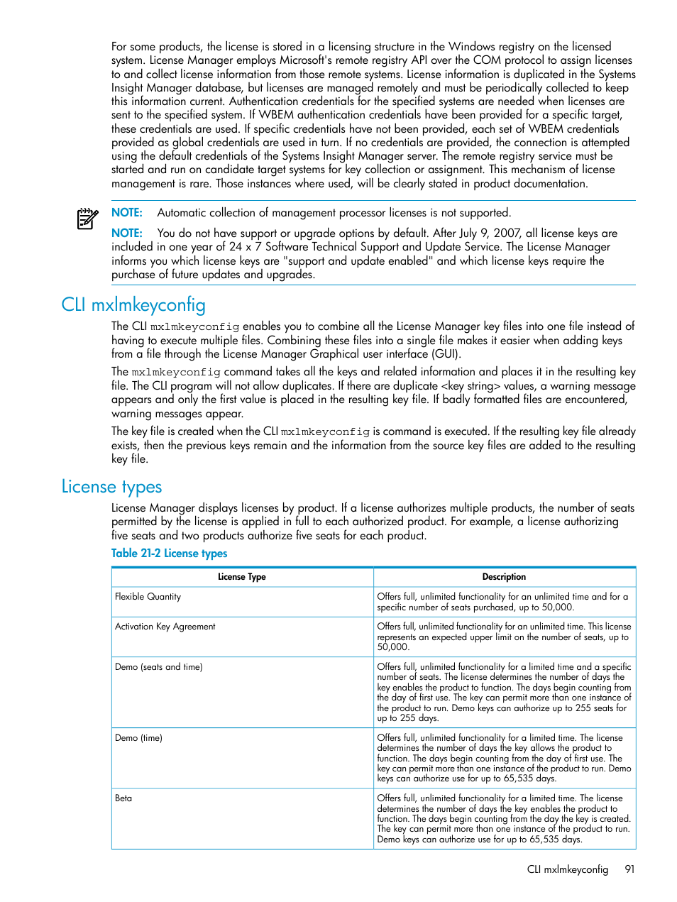 Cli mxlmkeyconfig, License types, Cli mxlmkeyconfig license types | HP Systems Insight Manager User Manual | Page 91 / 187