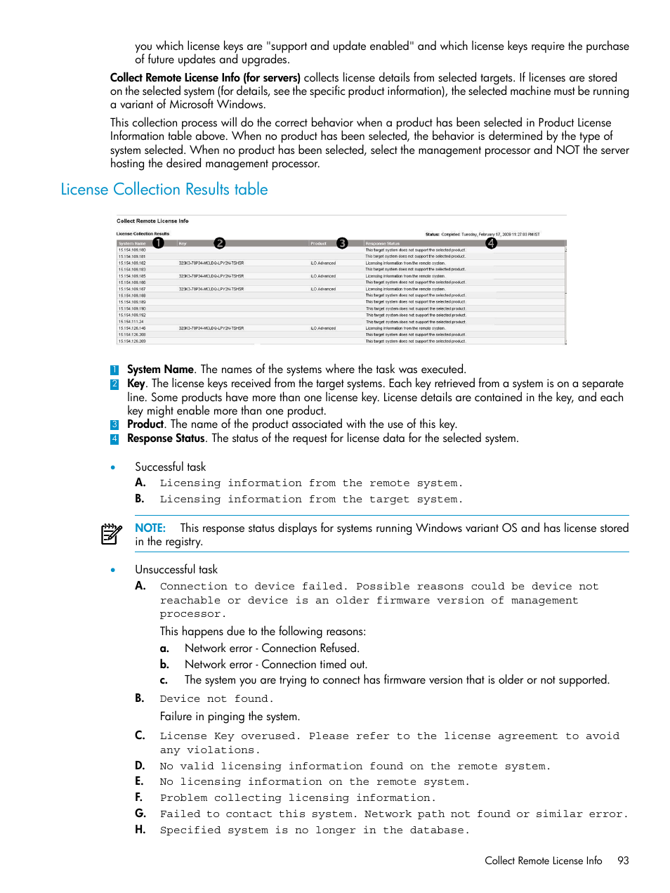 License collection results table | HP Systems Insight Manager User Manual | Page 93 / 187