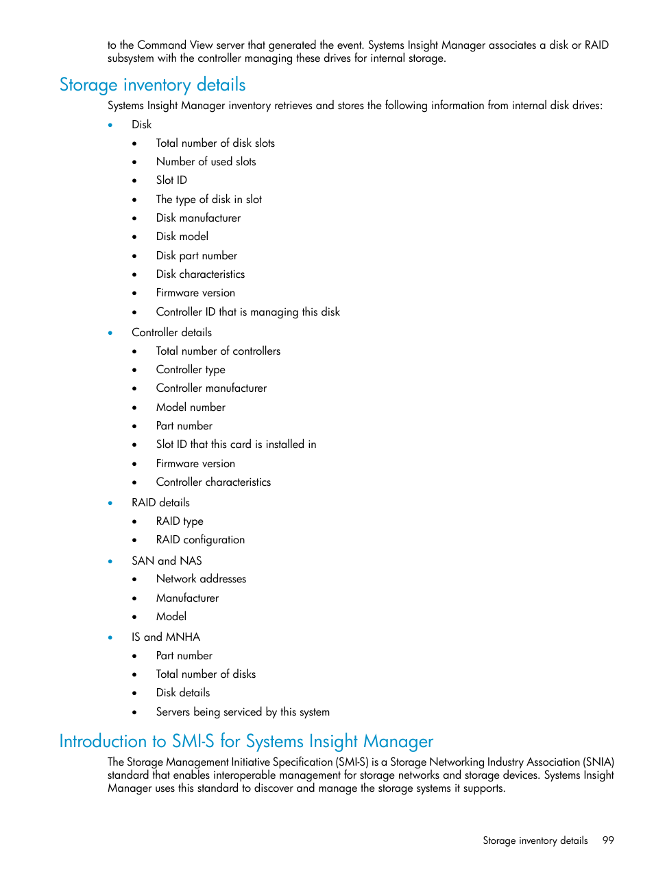 Storage inventory details, Introduction to smi-s for systems insight manager | HP Systems Insight Manager User Manual | Page 99 / 187