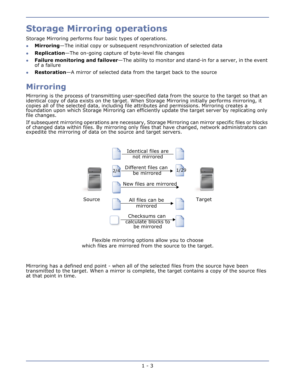 Storage mirroring operations, Mirroring, Storage mirroring operations -3 | Mirroring -3 | HP Storage Mirroring V5.1 Software User Manual | Page 10 / 208