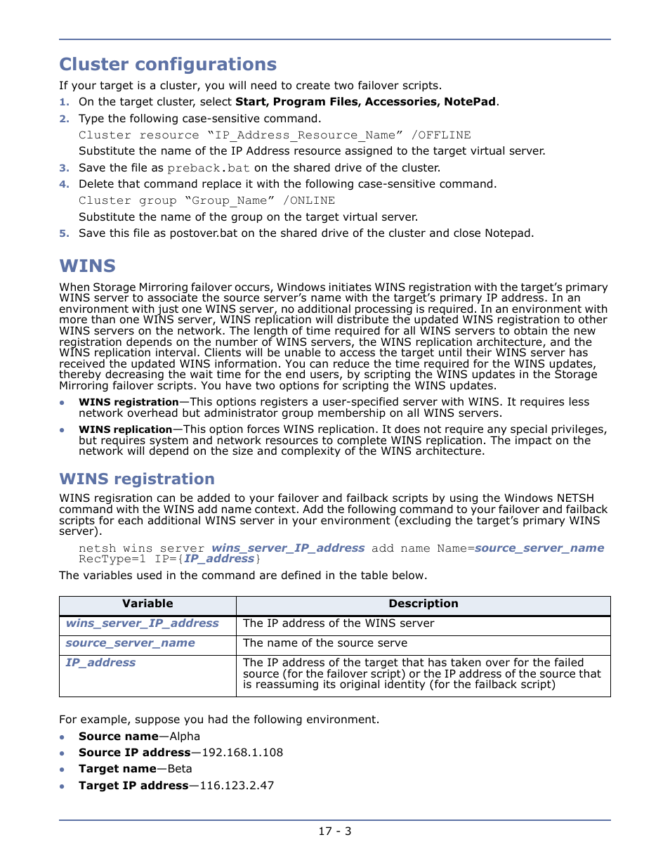 Cluster configurations, Wins, Wins registration | Chapter 16 restoration for disaster recovery -1 | HP Storage Mirroring V5.1 Software User Manual | Page 114 / 208