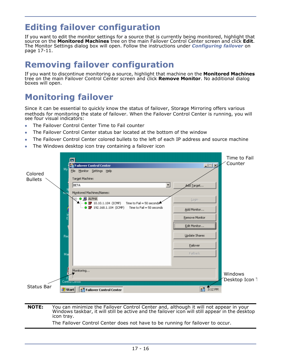 Editing failover configuration, Removing failover configuration, Monitoring failover | Chapter 17 failover for high availability -1, Configuration requirements -2 | HP Storage Mirroring V5.1 Software User Manual | Page 127 / 208
