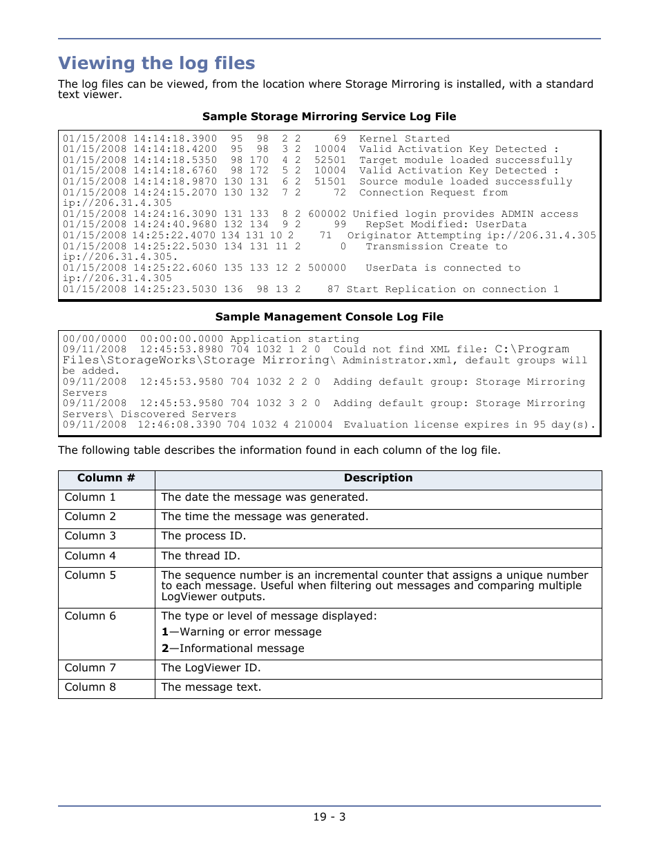 Viewing the log files | HP Storage Mirroring V5.1 Software User Manual | Page 139 / 208