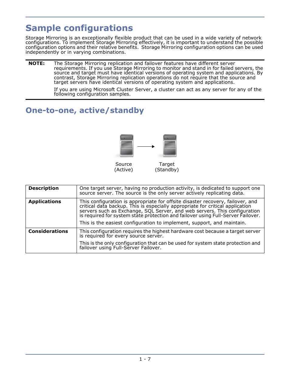 Sample configurations, One-to-one, active/standby, Sample configurations -7 | One-to-one, active/standby -7 | HP Storage Mirroring V5.1 Software User Manual | Page 14 / 208