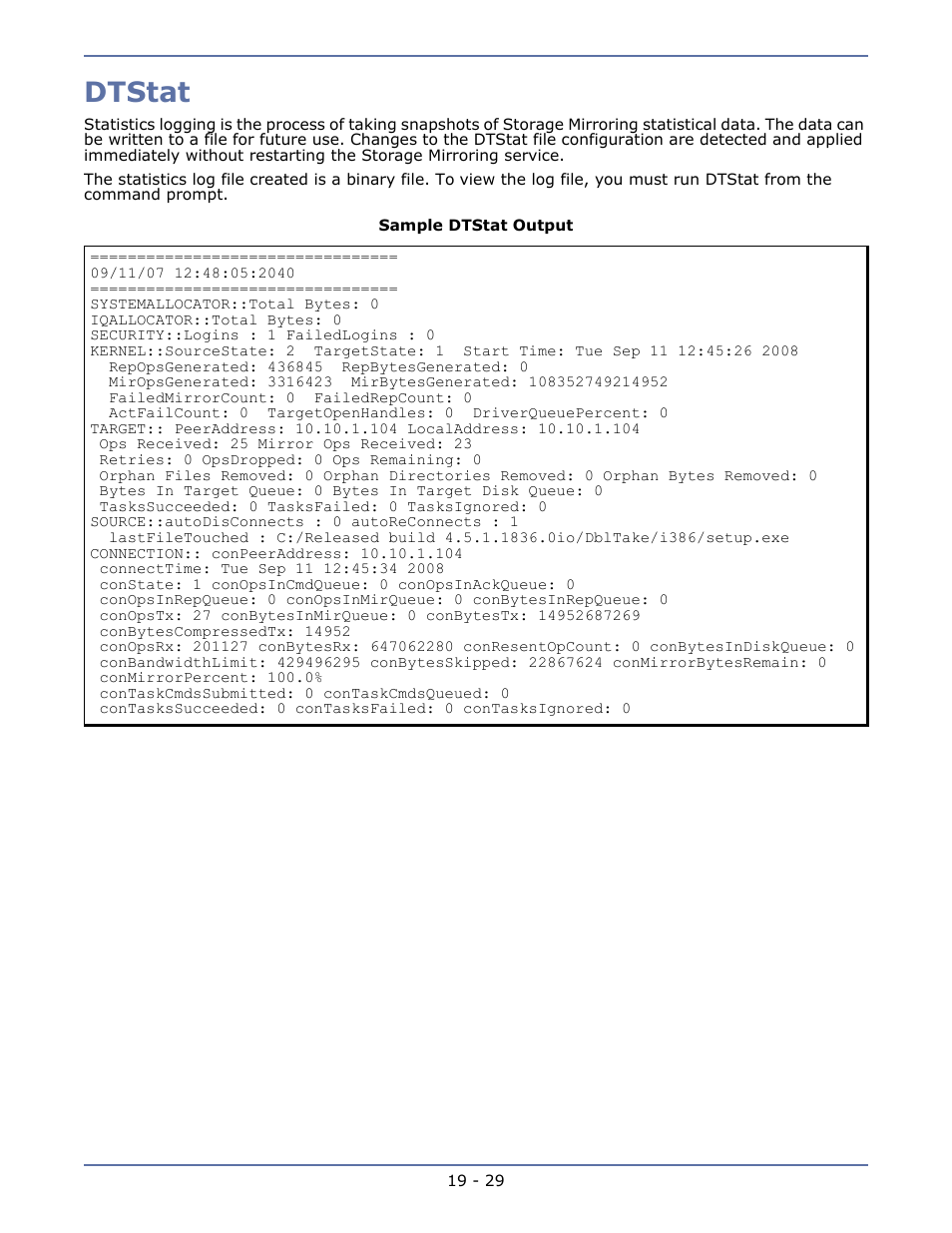 Configuring the statistics file, Dtstat | HP Storage Mirroring V5.1 Software User Manual | Page 165 / 208