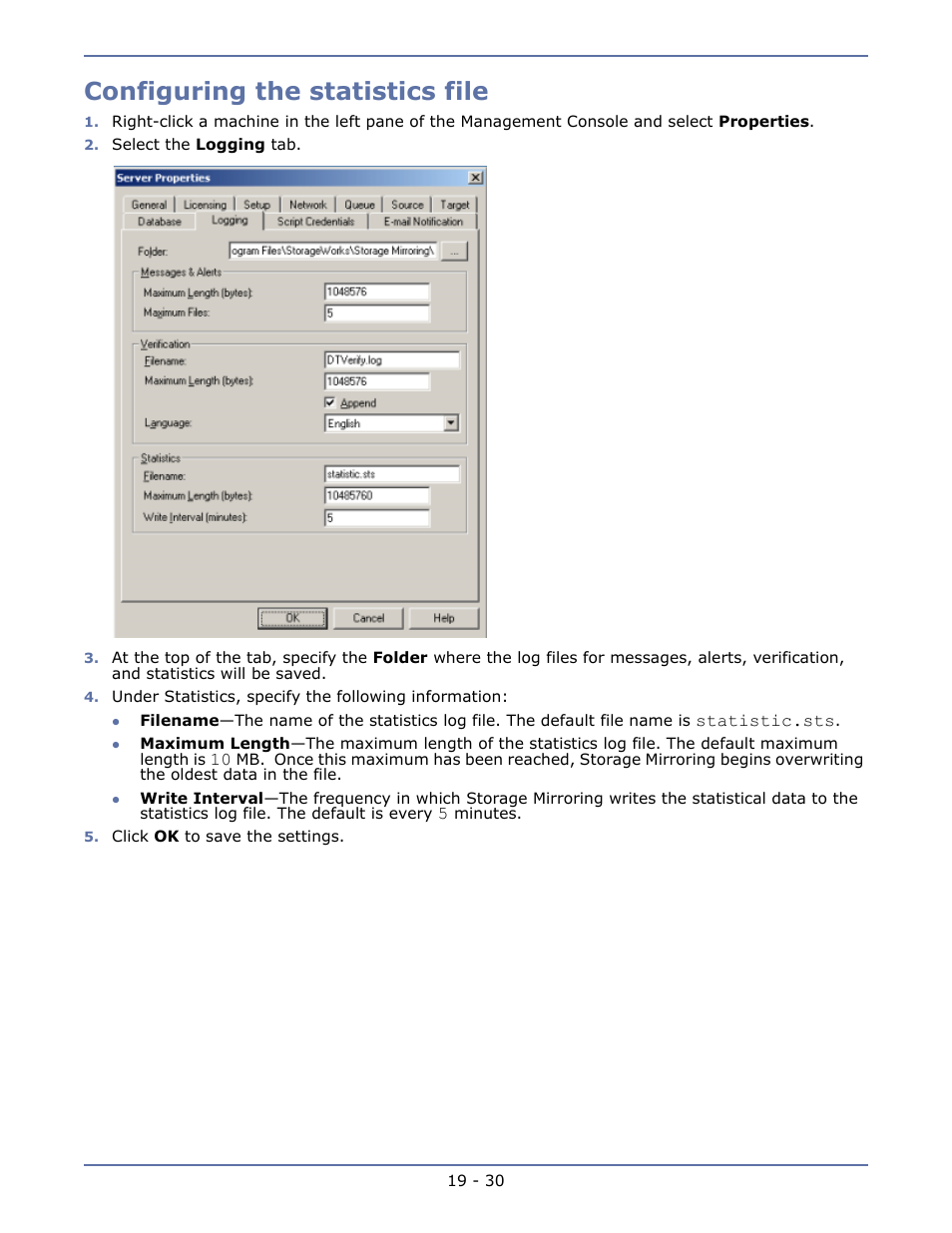 Running dtstat from the command prompt, Testing failover -17, Configuring the statistics file | HP Storage Mirroring V5.1 Software User Manual | Page 166 / 208
