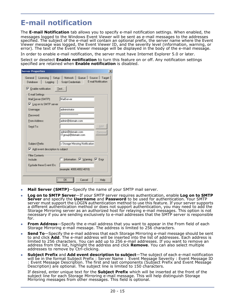 E-mail notification, Snmp traps -40 | HP Storage Mirroring V5.1 Software User Manual | Page 194 / 208