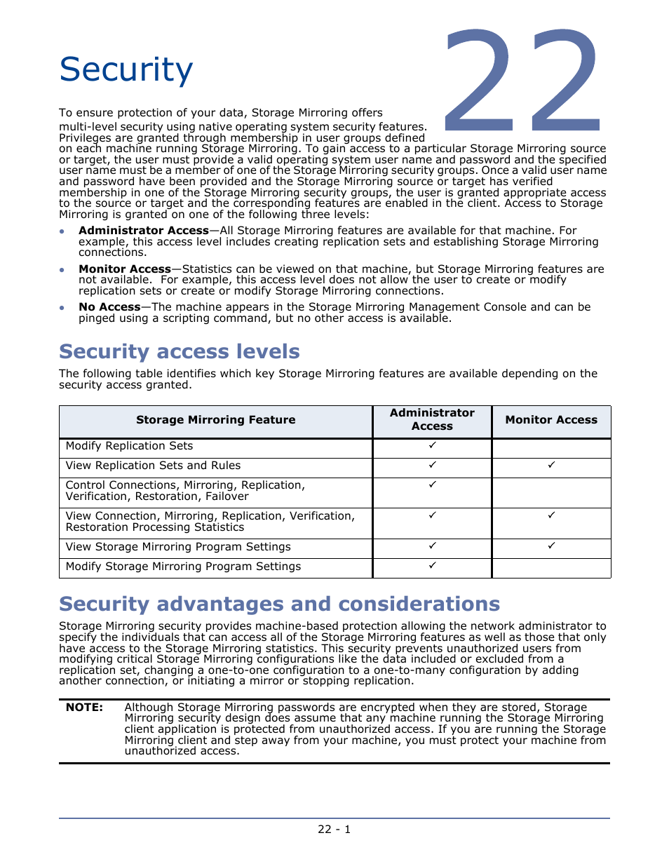 Security, Security access levels, Security advantages and considerations | HP Storage Mirroring V5.1 Software User Manual | Page 201 / 208