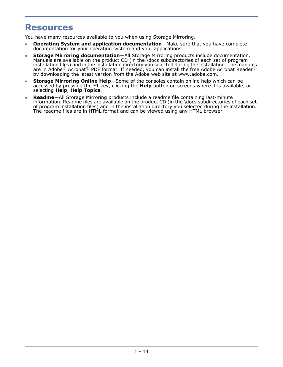 Resources, Resources -14 | HP Storage Mirroring V5.1 Software User Manual | Page 21 / 208