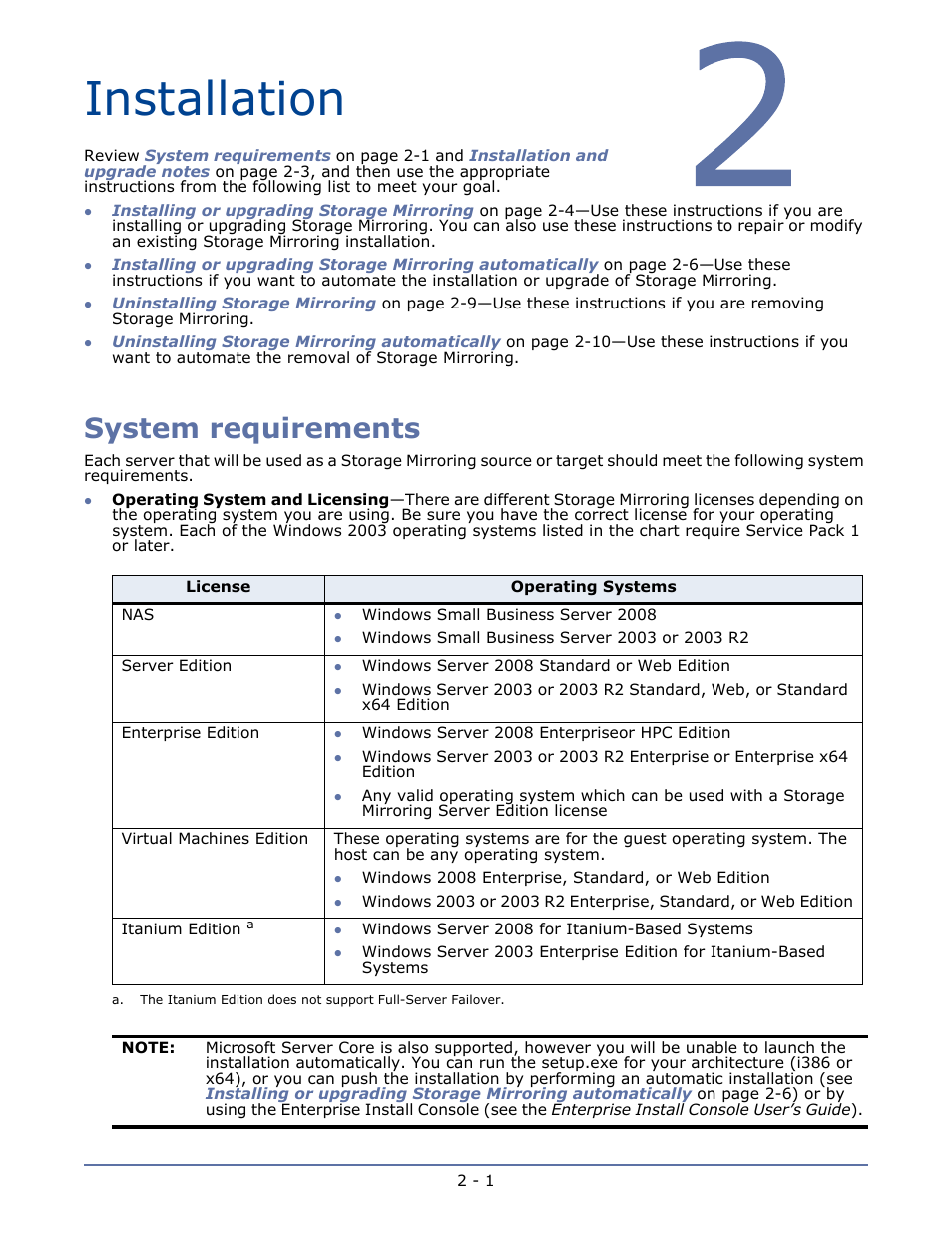 Installation, System requirements, Chapter 2 installation -1 | HP Storage Mirroring V5.1 Software User Manual | Page 22 / 208