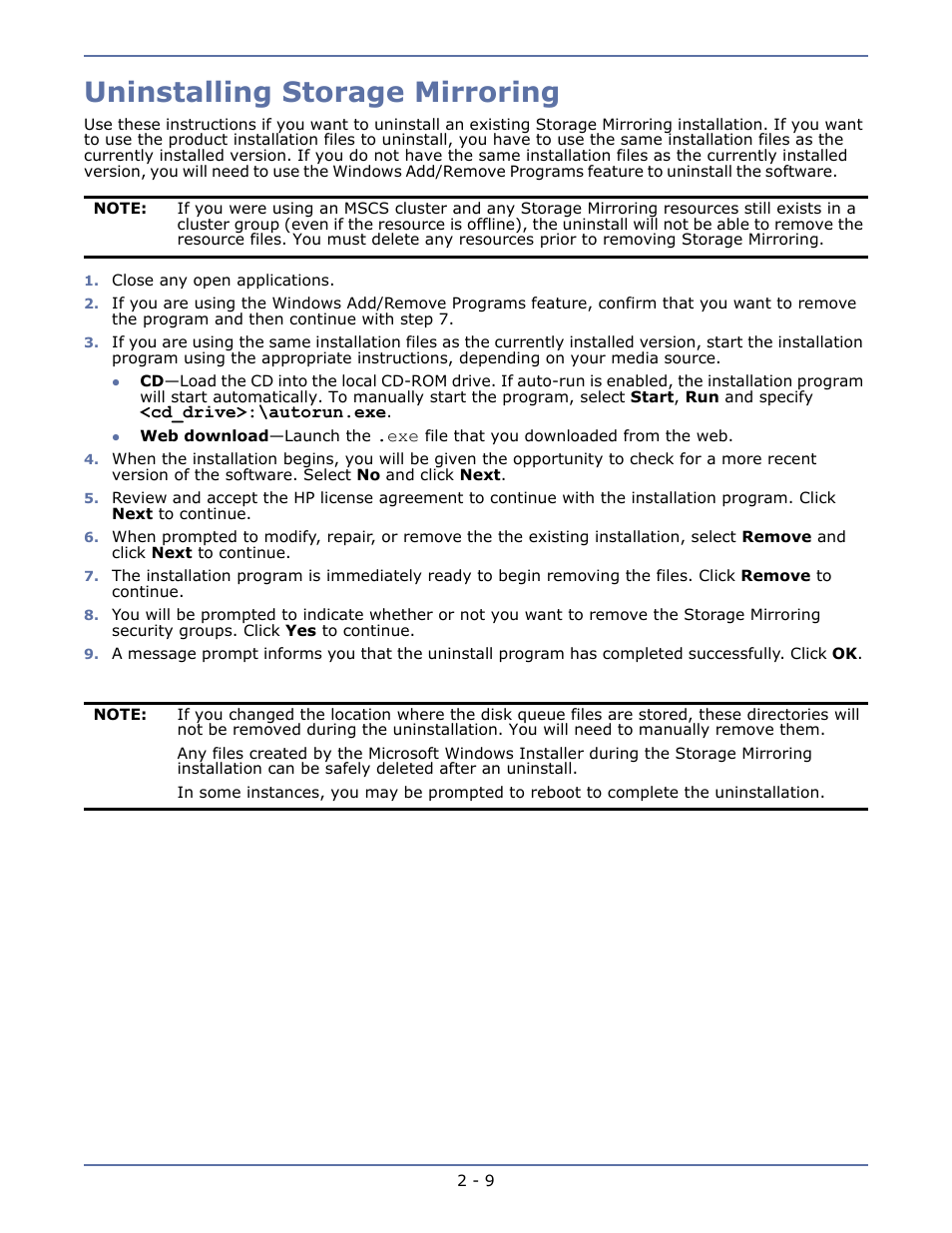 Uninstalling storage mirroring, Uninstalling storage mirroring -9 | HP Storage Mirroring V5.1 Software User Manual | Page 30 / 208