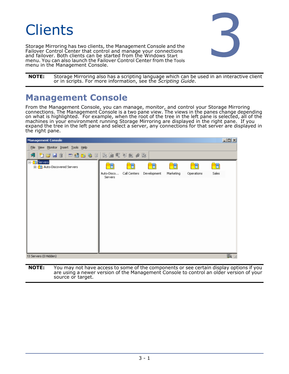 Clients, Management console, Chapter 3 clients -1 | Management console -1 | HP Storage Mirroring V5.1 Software User Manual | Page 32 / 208