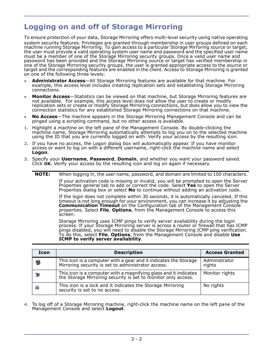 Logging on and off of storage mirroring, Logging on and off of storage mirroring -2 | HP Storage Mirroring V5.1 Software User Manual | Page 33 / 208