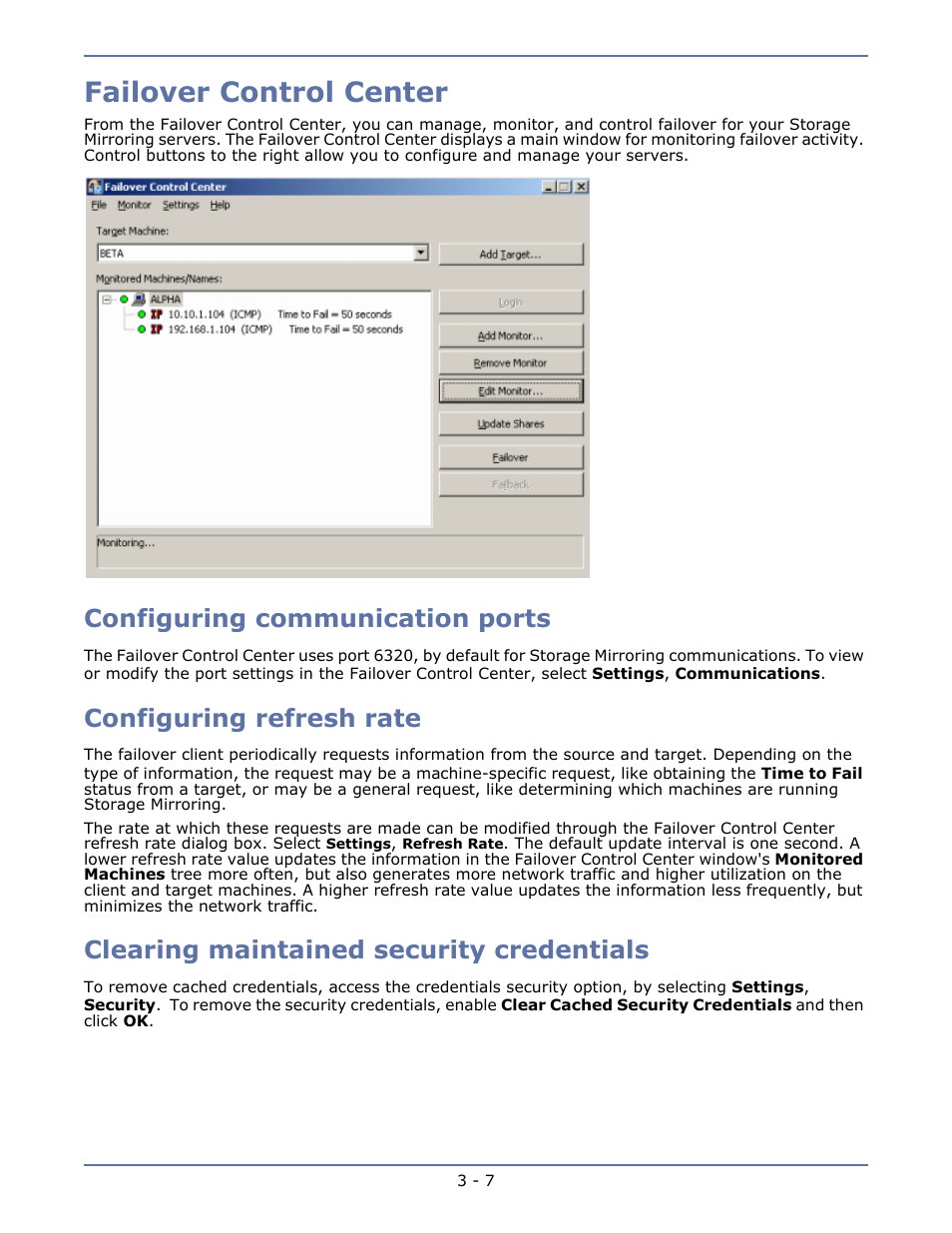 Failover control center, Configuring communication ports, Configuring refresh rate | Clearing maintained security credentials, Failover control center -7, Configuring communication ports -7, Configuring refresh rate -7, Clearing maintained security credentials -7 | HP Storage Mirroring V5.1 Software User Manual | Page 38 / 208