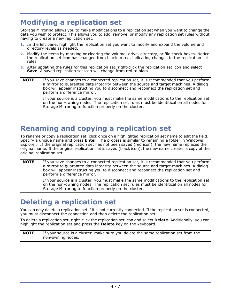 Modifying a replication set, Renaming and copying a replication set, Deleting a replication set | Chapter 4 replication sets -1, Replication capabilities -3 | HP Storage Mirroring V5.1 Software User Manual | Page 45 / 208