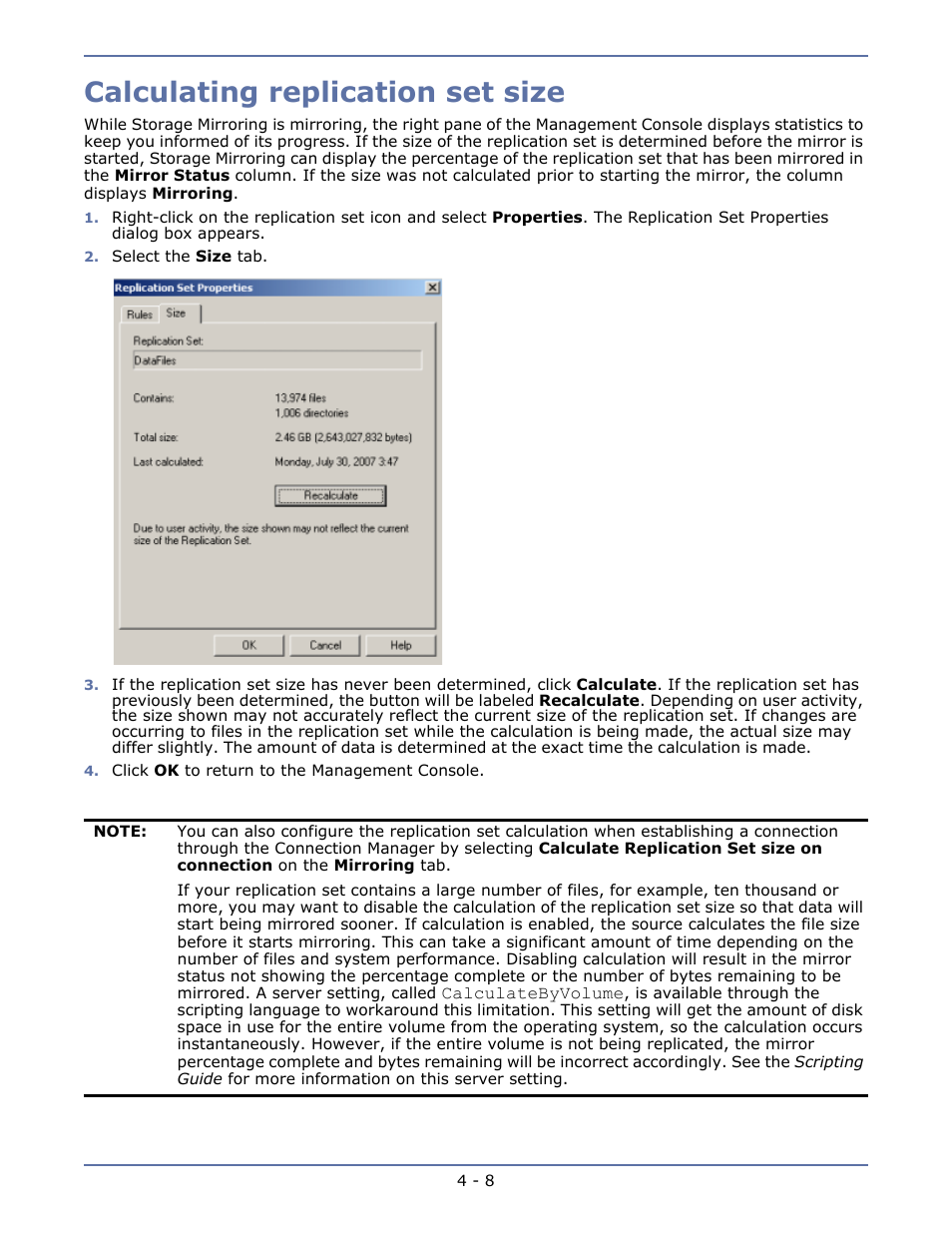 Calculating replication set size, Creating a replication set -5 | HP Storage Mirroring V5.1 Software User Manual | Page 46 / 208